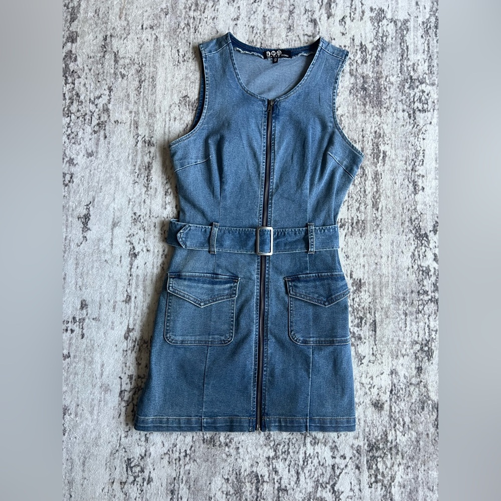 NWOT! Rewash Blue Denim Zip Front BodyCon TankTop Jean Dress with Belt Medium - Picture 7 of 7